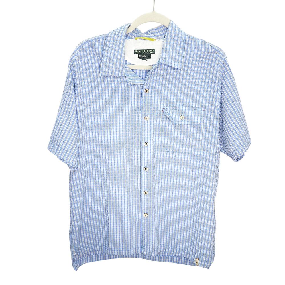 Royal Robbins Men's Blue Stripe Short Sleeve Button Up Shirt Casual Hiking